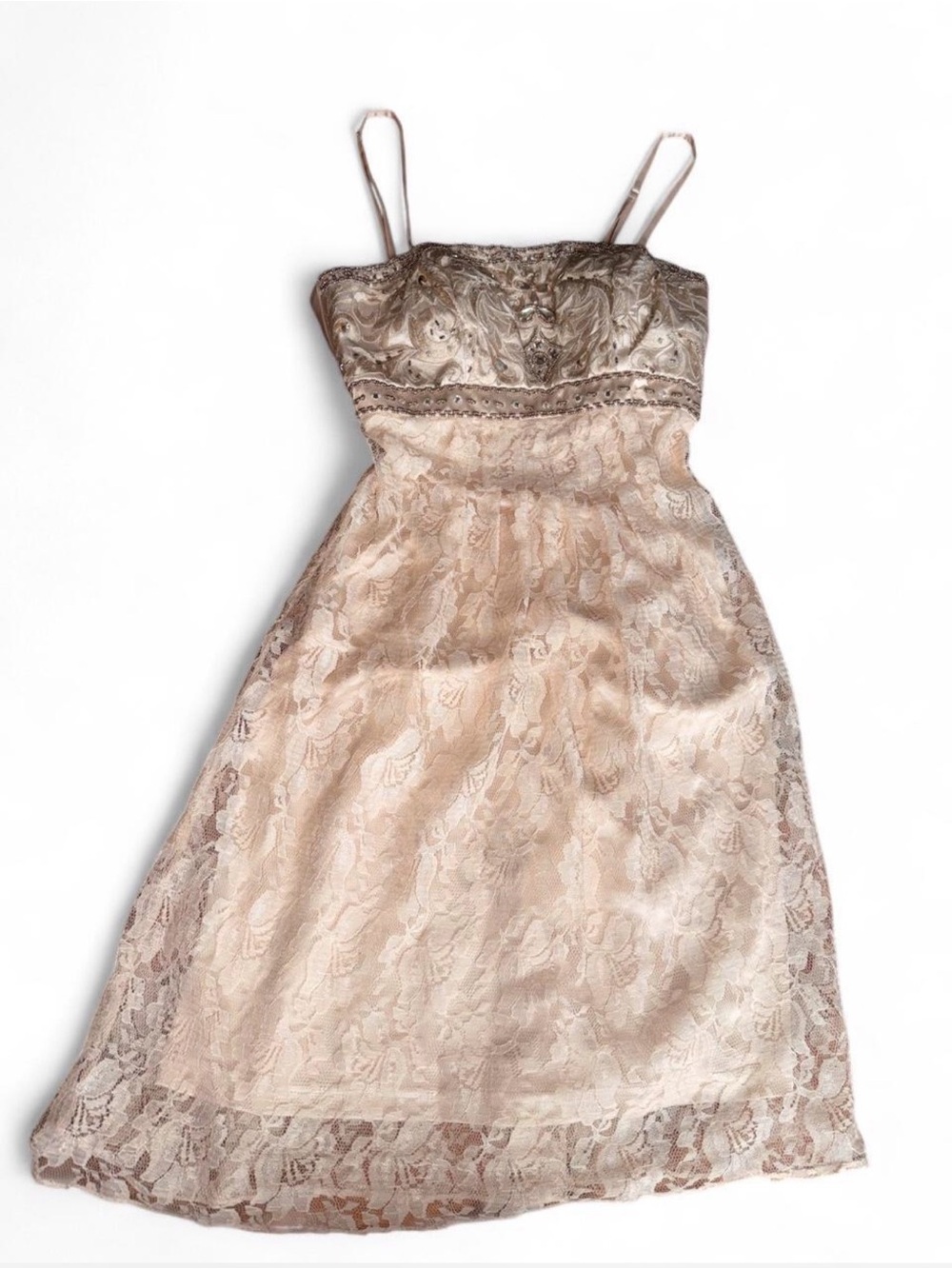 Sue Wong Girls' Lace Satin Dress in Champagne Gold